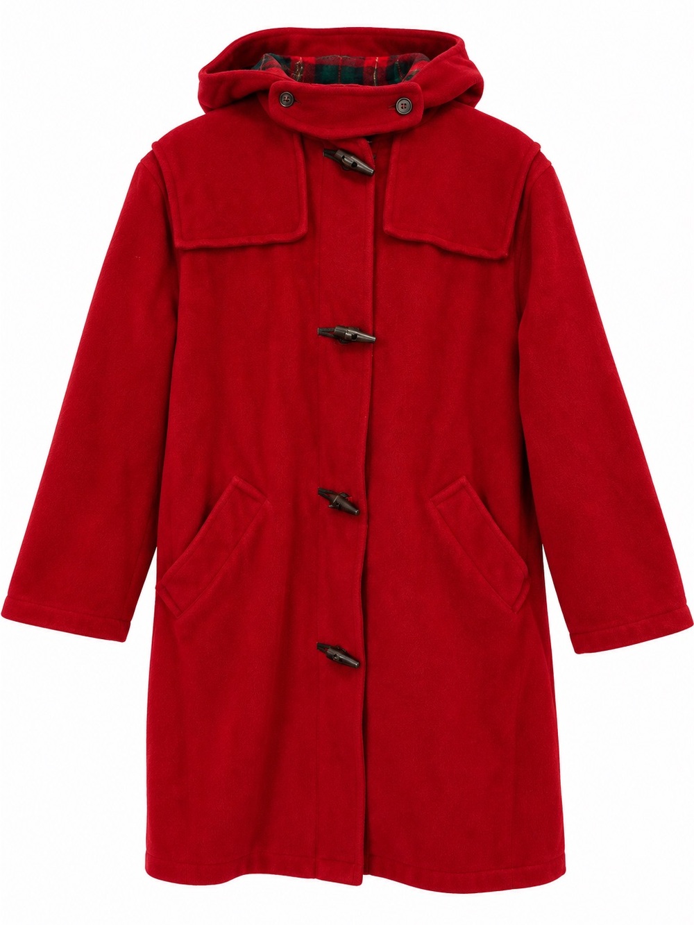 Vintage L.L.Bean Red Wool Hooded Duffle Coat Plaid Lined Made in USA Size 8